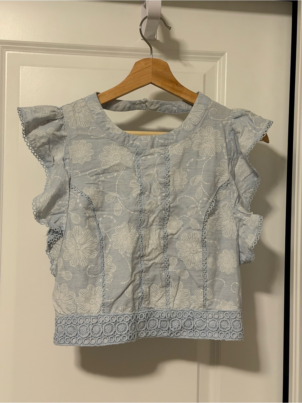 J.O.A. Light Blue Floral Embroidered Ruffle Crop Top